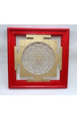 Sri Yantra Sembolü | Kutsal Geometri | Altın | Kırmızı Çerçeveli | 31 cm